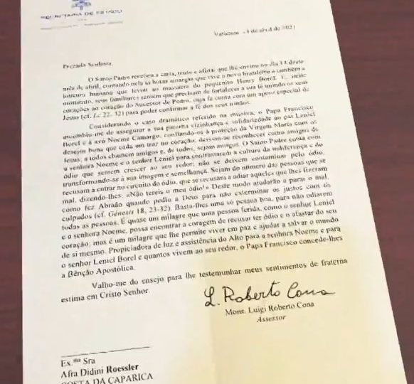 Carta do Papa Francisco em solidariedade à família de Henry Borel